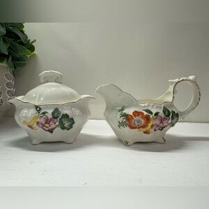 Vintage Floral Porcelain Footed Sugar & Creamer Occupied Japan Rosetti Chicago